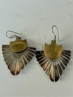 Vintage 1980s statement dangle earrings fan shape made of sterling silver& brass
